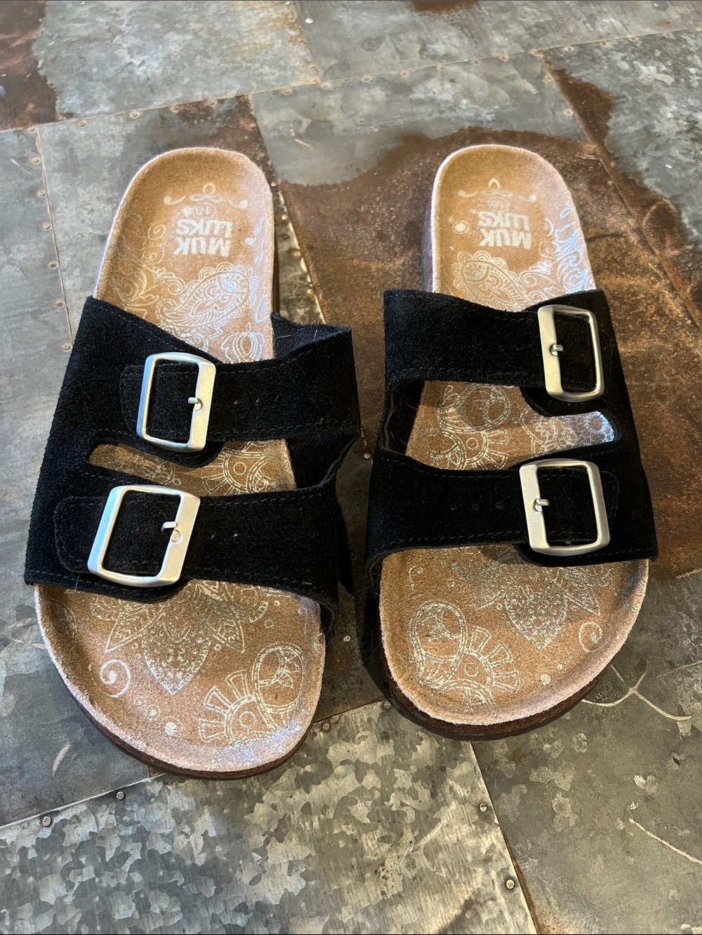 Muk Luks Black Suede Double-Buckle Women’s Slide Sandals